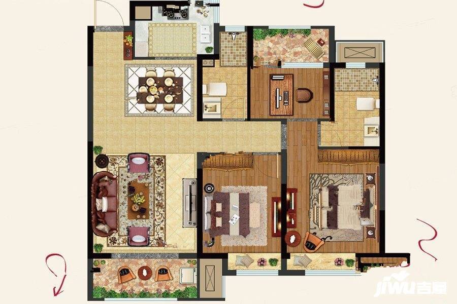 中梁香缇公馆3室2厅2卫108㎡户型图