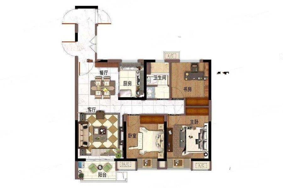 中南珍宝岛熙悦3室2厅1卫98㎡户型图