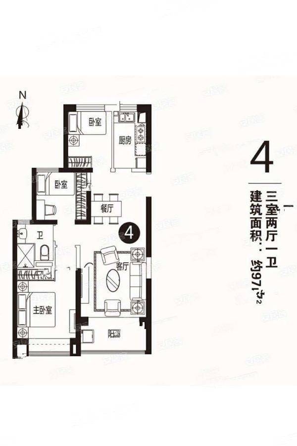 恒大林溪郡3室2厅1卫97㎡户型图