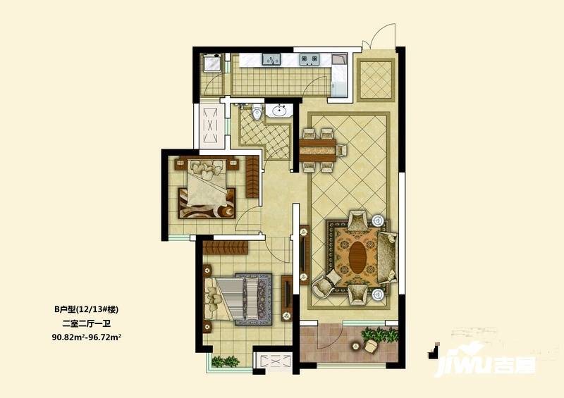 枫林天下2室2厅1卫90.8㎡户型图