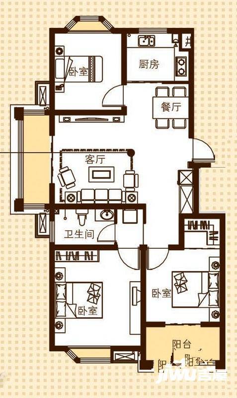 滨湖御景湾3室2厅1卫107㎡户型图