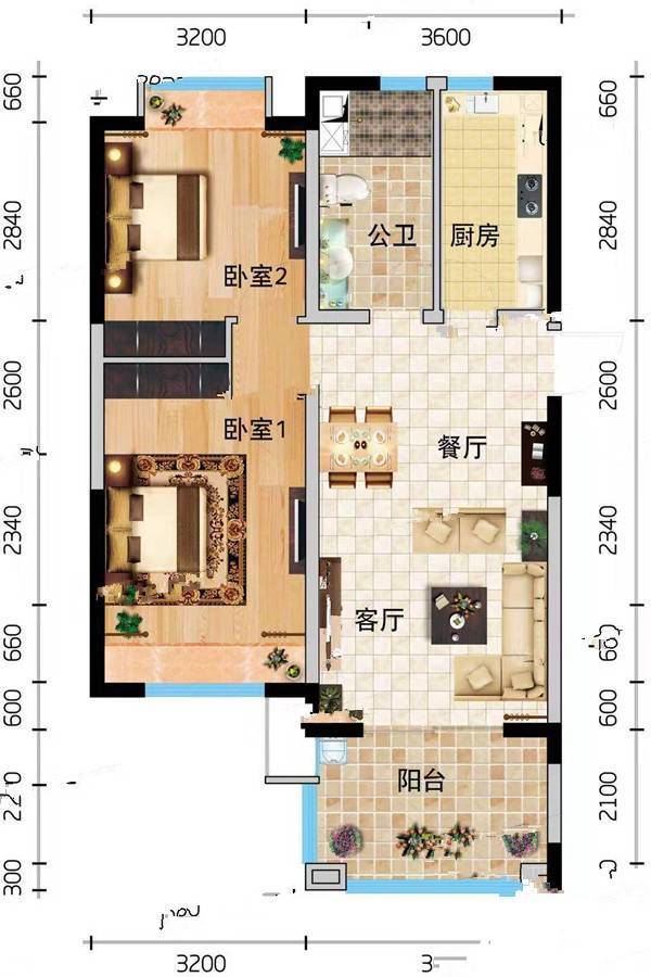 万宁国瑞城2室2厅1卫81㎡户型图