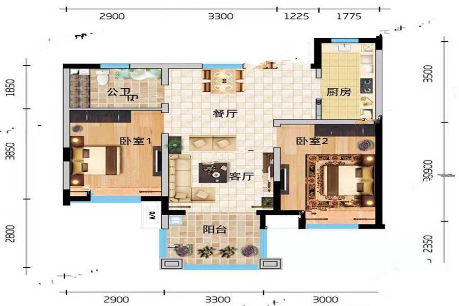 万宁国瑞城2室2厅1卫75㎡户型图