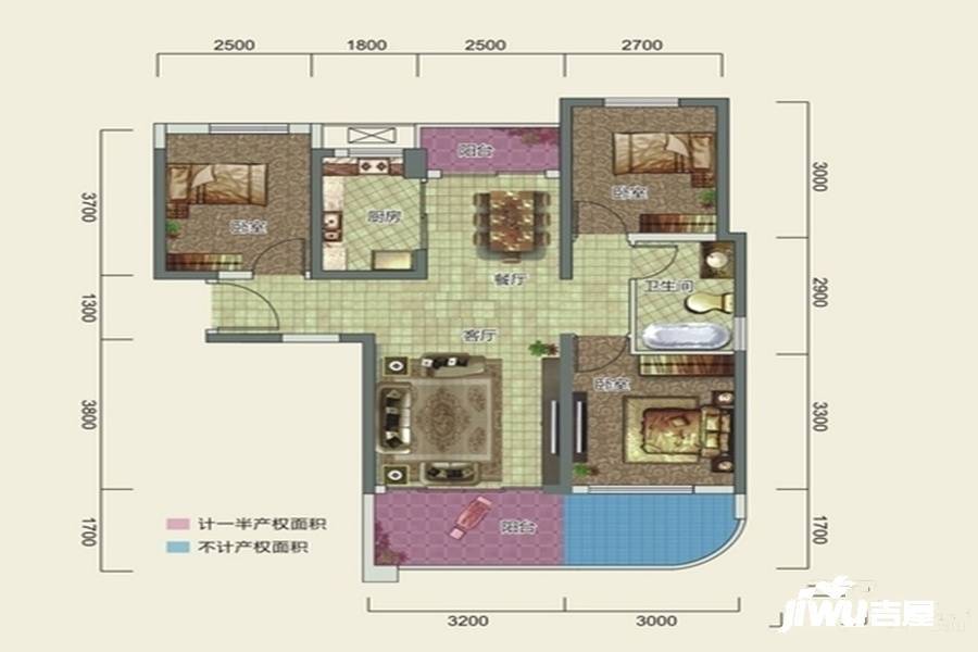 高龙湾1号3室2厅1卫96.9㎡户型图