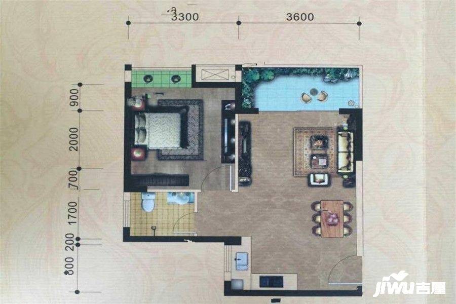 蓝湖海韵1室2厅1卫52.3㎡户型图