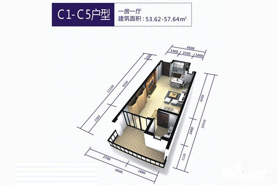 波溪丽亚湾1室1厅1卫53.6㎡户型图