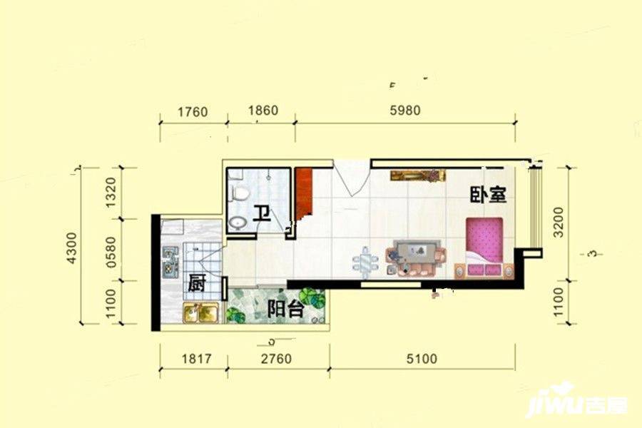 义方家园1室1厅1卫41.1㎡户型图