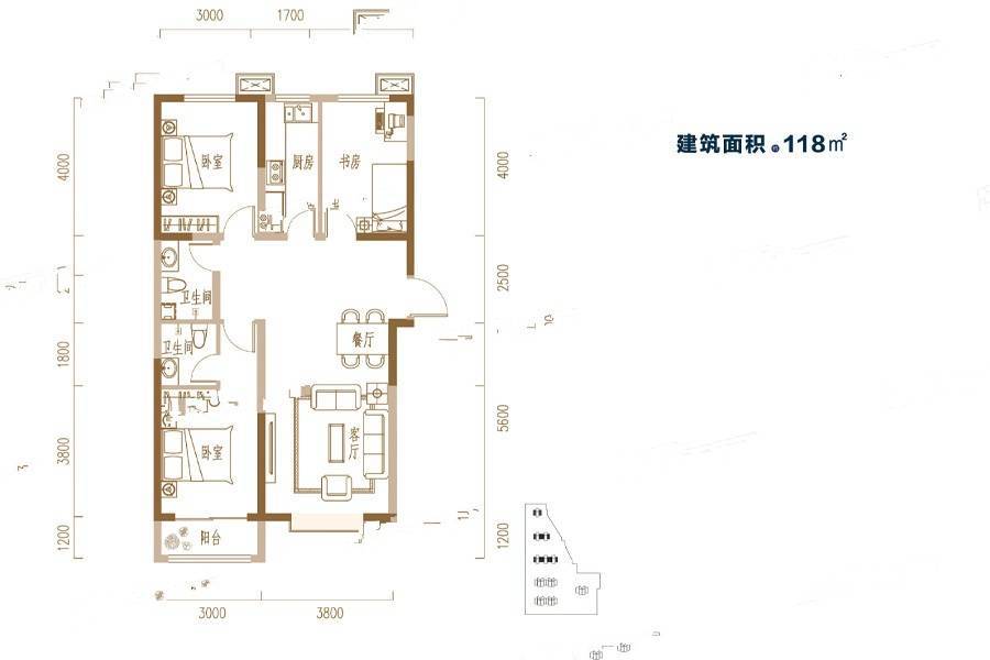 紫瑞尚城3室2厅2卫118㎡户型图