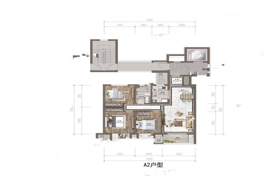 中海枫桥里3室2厅1卫96㎡户型图