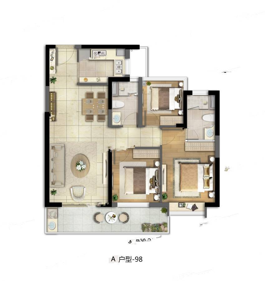 珠江茗栖悦庭3室2厅2卫98㎡户型图