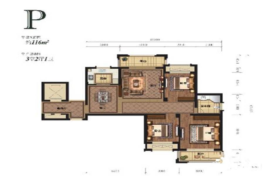半岛华府3室2厅1卫116㎡户型图