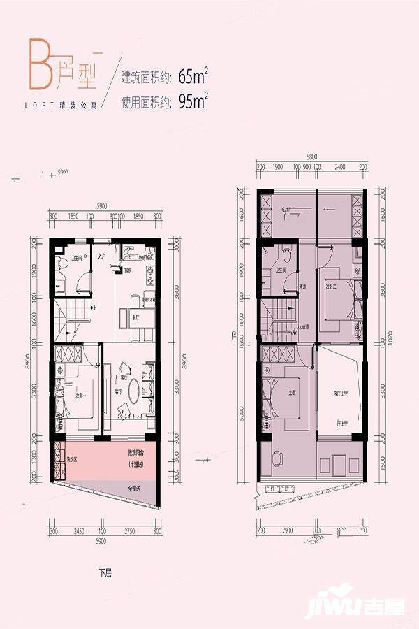 汕尾金融中心3室2厅2卫65㎡户型图