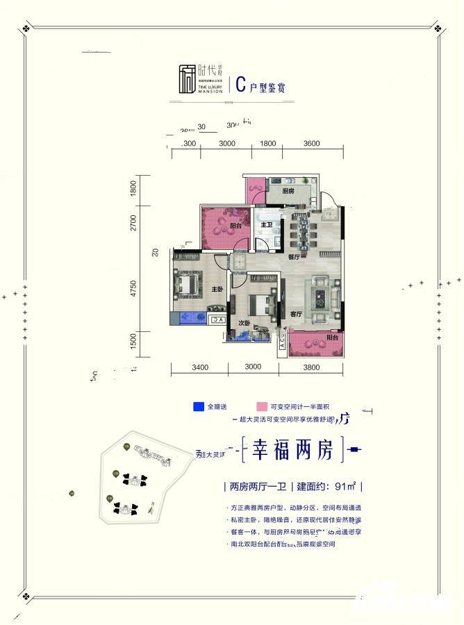 时代华府2室2厅1卫91㎡户型图