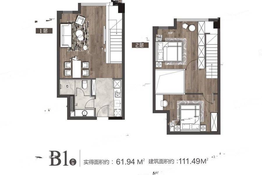 E客公寓CROSS万象汇1室1厅1卫61.9㎡户型图