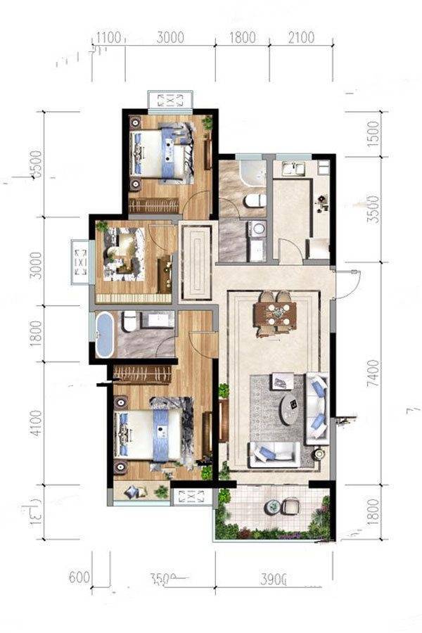 当代上品湾悦MOMΛ3室2厅2卫108㎡户型图