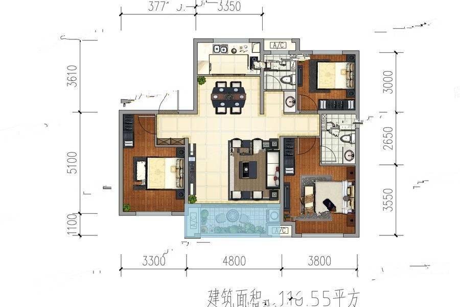 绿地新里格林公馆3室2厅2卫117㎡户型图