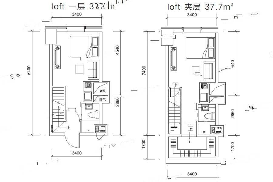 汉华曲江中心2室2厅2卫37㎡户型图