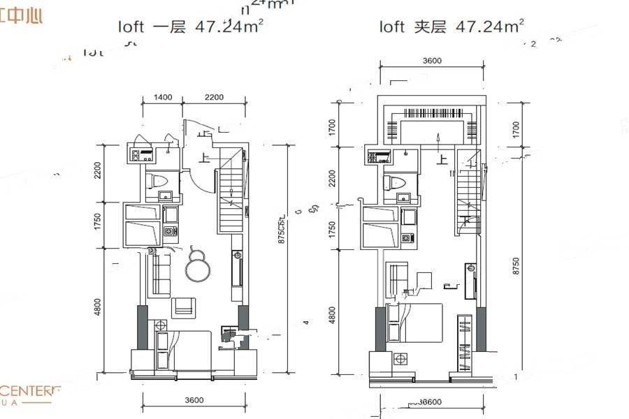 汉华曲江中心1室2厅2卫47㎡户型图