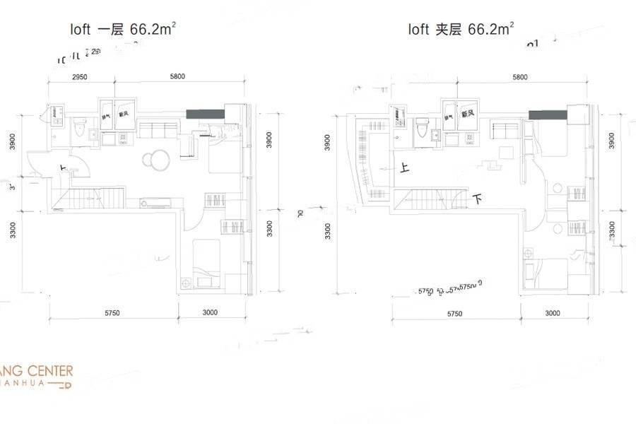 汉华曲江中心2室2厅2卫66㎡户型图