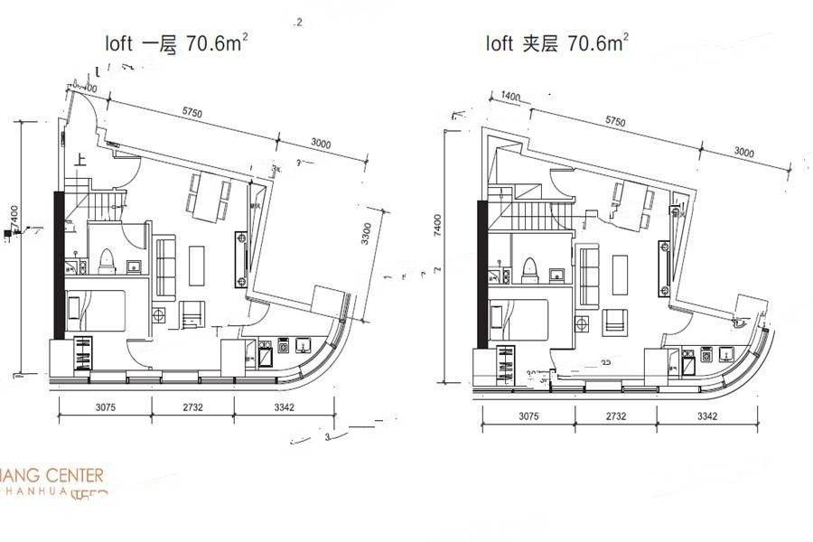 汉华曲江中心2室2厅2卫70㎡户型图