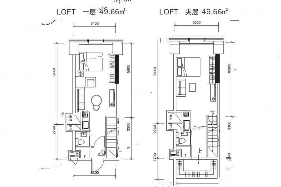 汉华曲江中心1室2厅2卫49㎡户型图