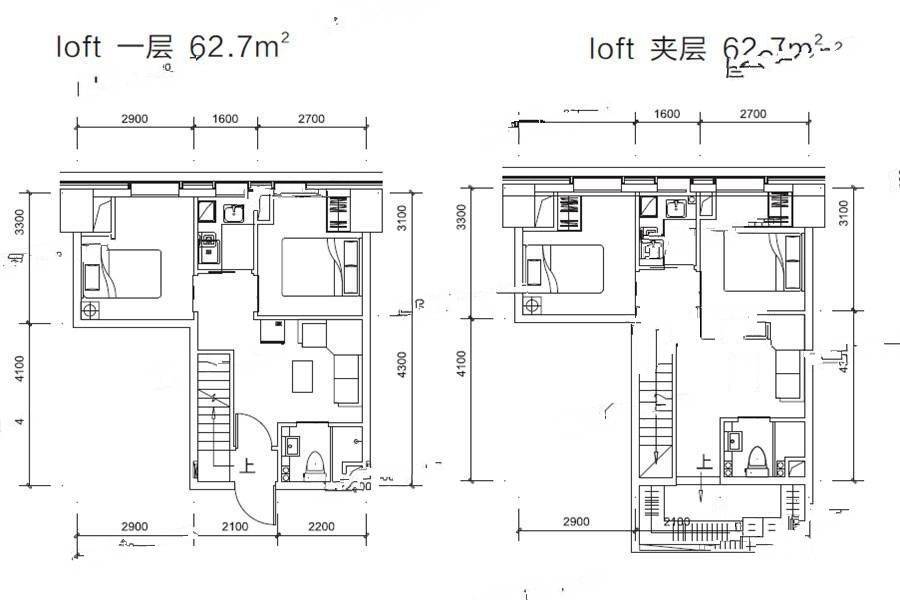 汉华曲江中心3室2厅2卫62㎡户型图