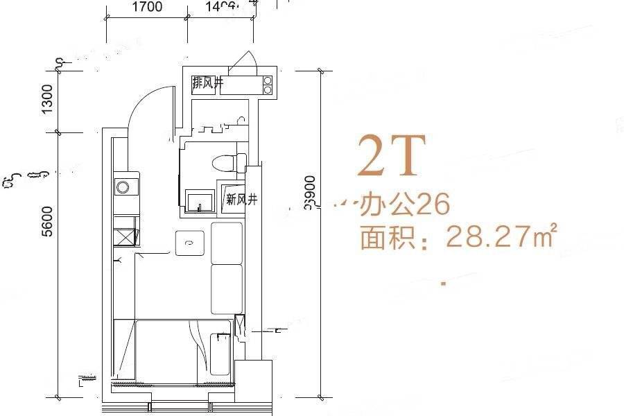 汉华曲江中心1室0厅1卫28.3㎡户型图