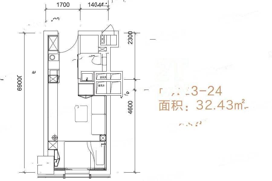 汉华曲江中心1室0厅1卫32.4㎡户型图