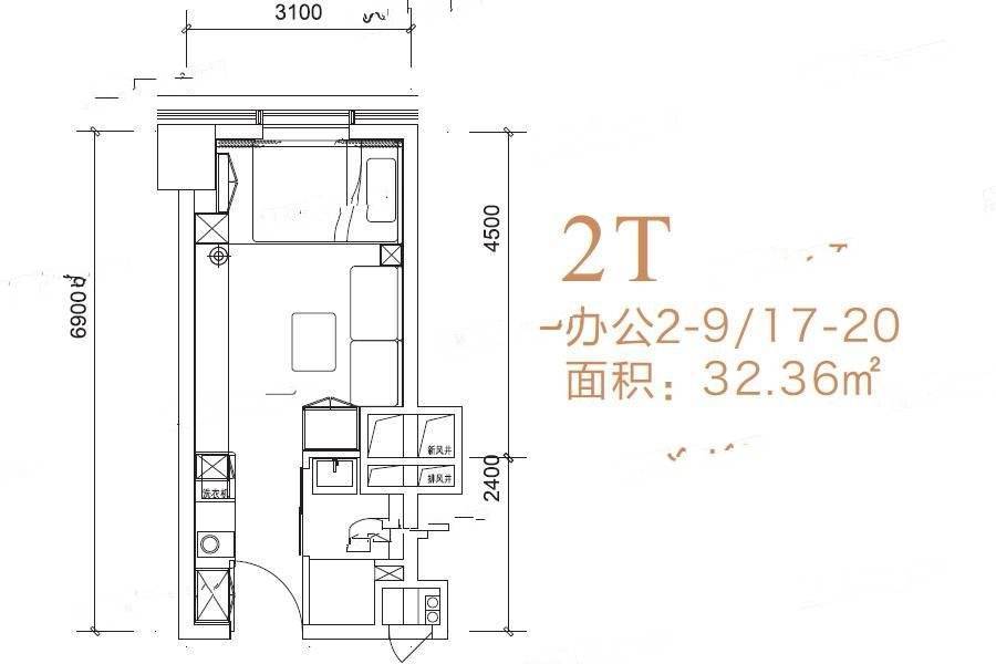 汉华曲江中心1室0厅1卫36㎡户型图