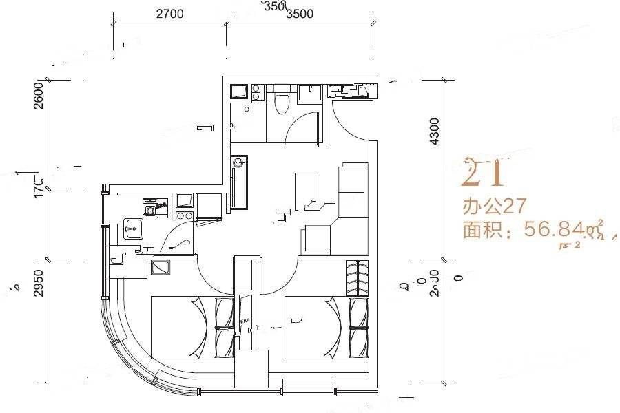 汉华曲江中心1室0厅1卫56.8㎡户型图