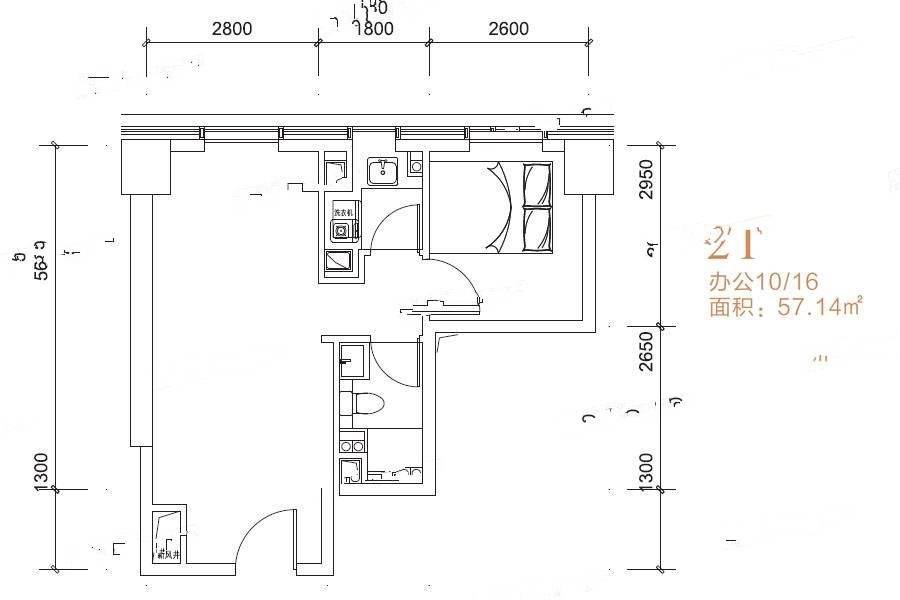 汉华曲江中心1室0厅1卫57㎡户型图
