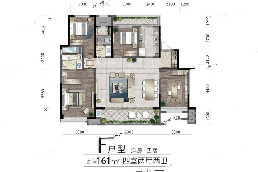 西安康桥悦蓉园4室2厅2卫161㎡户型图