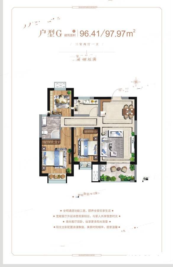 当代上品湾悦MOMΛ3室2厅1卫96.4㎡户型图