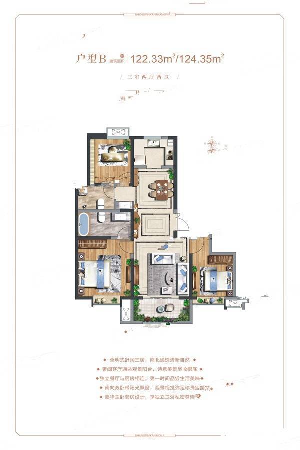 当代上品湾悦MOMΛ3室2厅2卫122.3㎡户型图