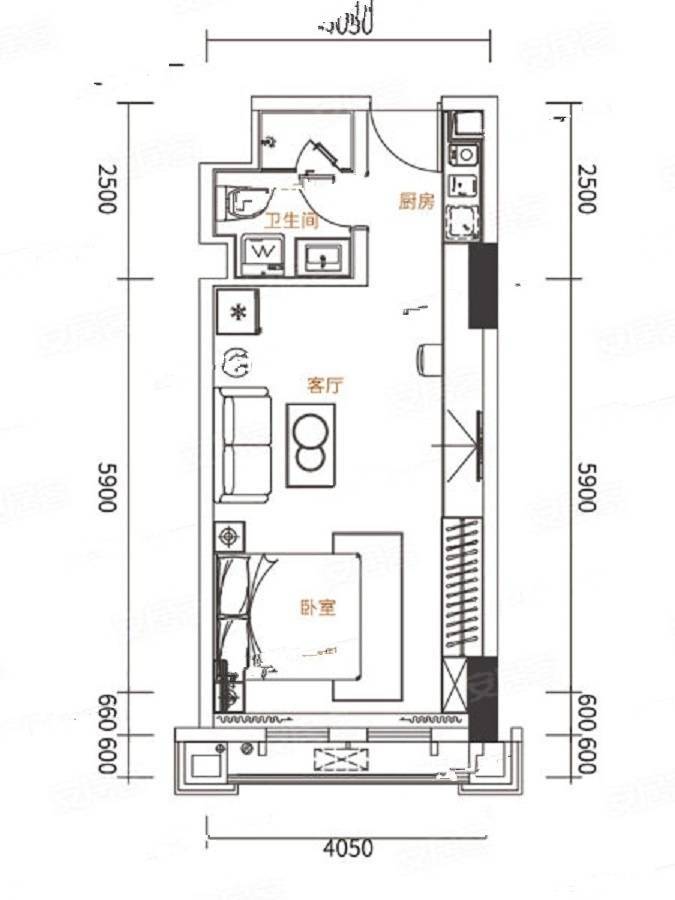 乐华城罗马假日公寓1室1厅1卫48㎡户型图