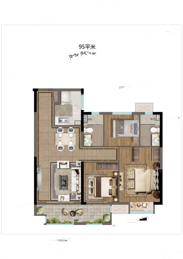 中骏雍景湾3室2厅2卫95㎡户型图