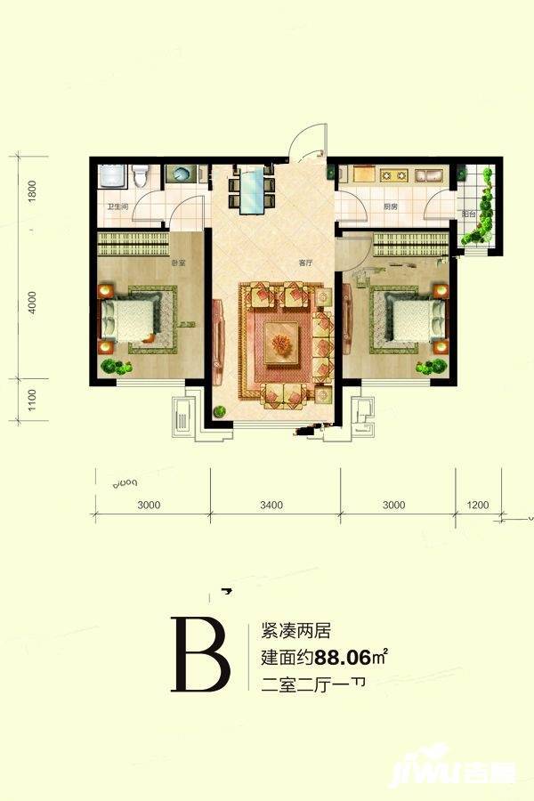 绿地新里海德壹号2室2厅1卫88.1㎡户型图