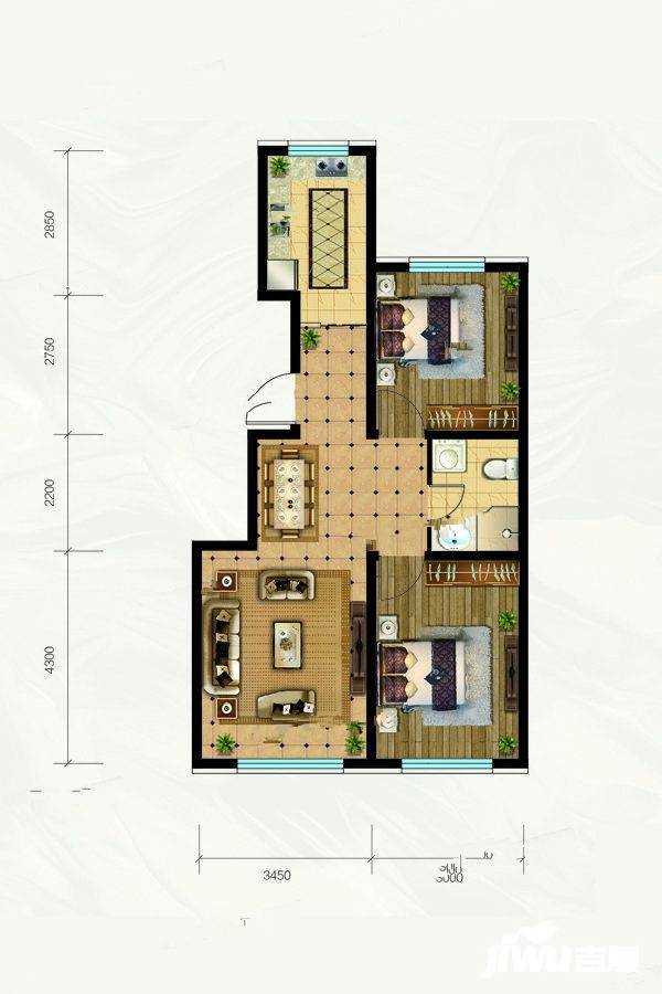 绿地香堤九里2室2厅1卫75.8㎡户型图