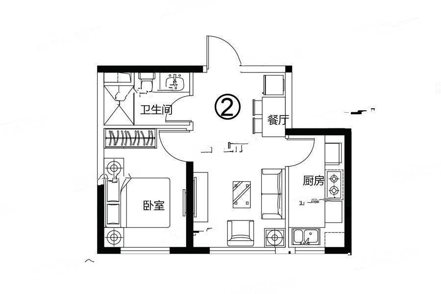 恒大锦城1室2厅1卫54.1㎡户型图