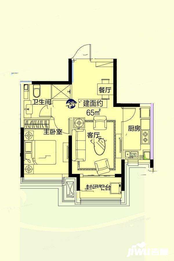 恒大悦府1室2厅1卫65㎡户型图