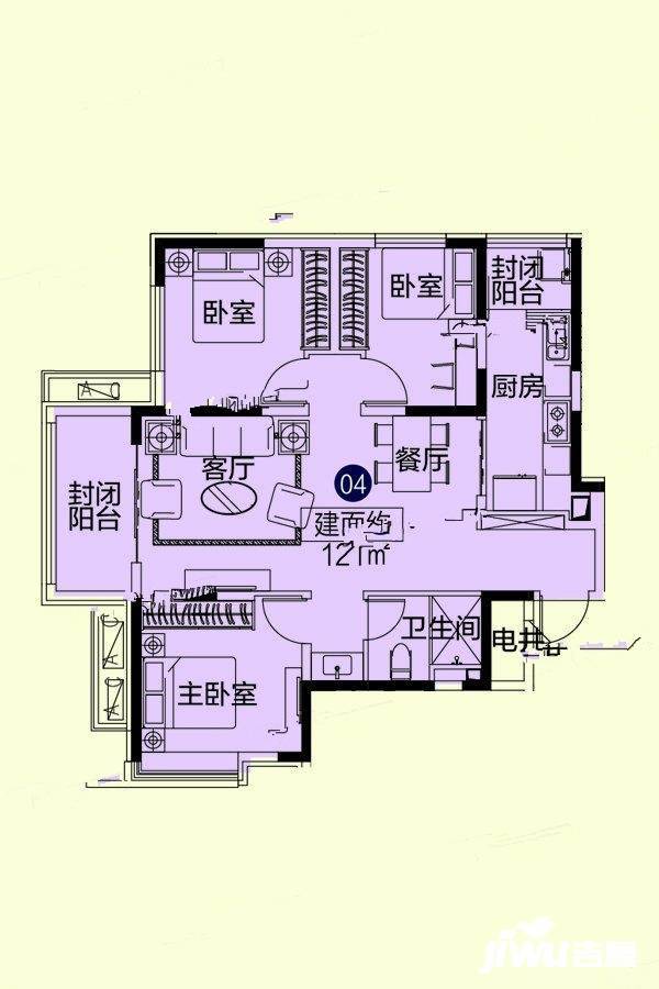 恒大悦府3室3厅1卫121㎡户型图