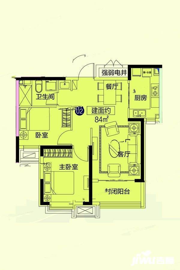 恒大悦府2室2厅1卫84㎡户型图