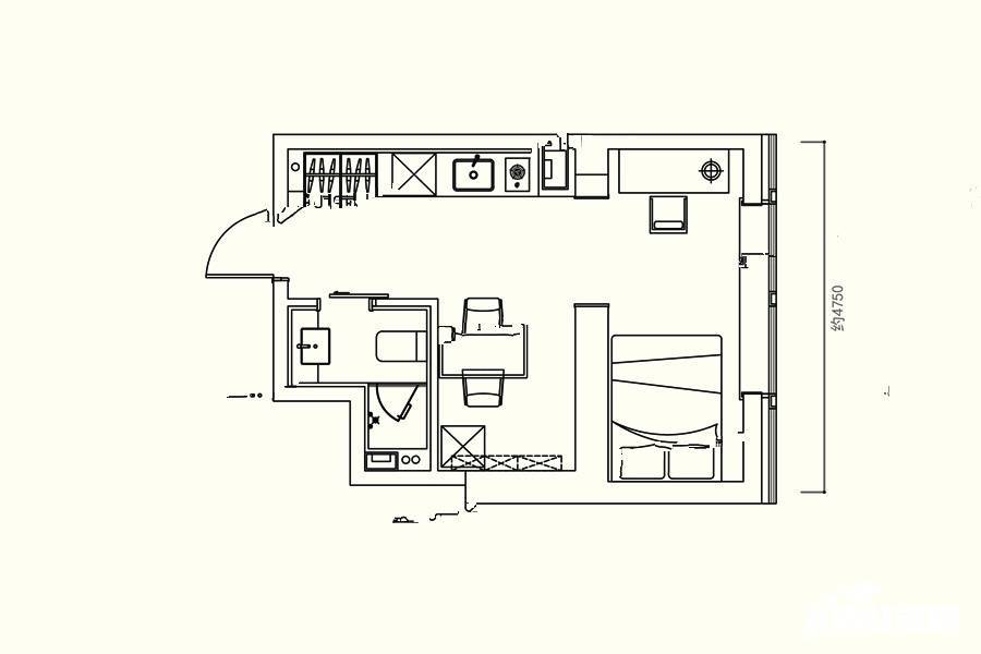 龙创新世纪1室1厅1卫45.3㎡户型图