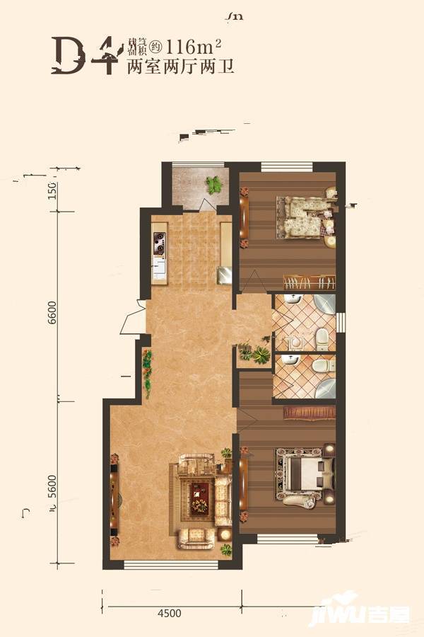 松北凤栖湖2室2厅2卫116㎡户型图