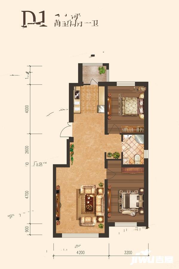 松北凤栖湖2室2厅1卫99㎡户型图