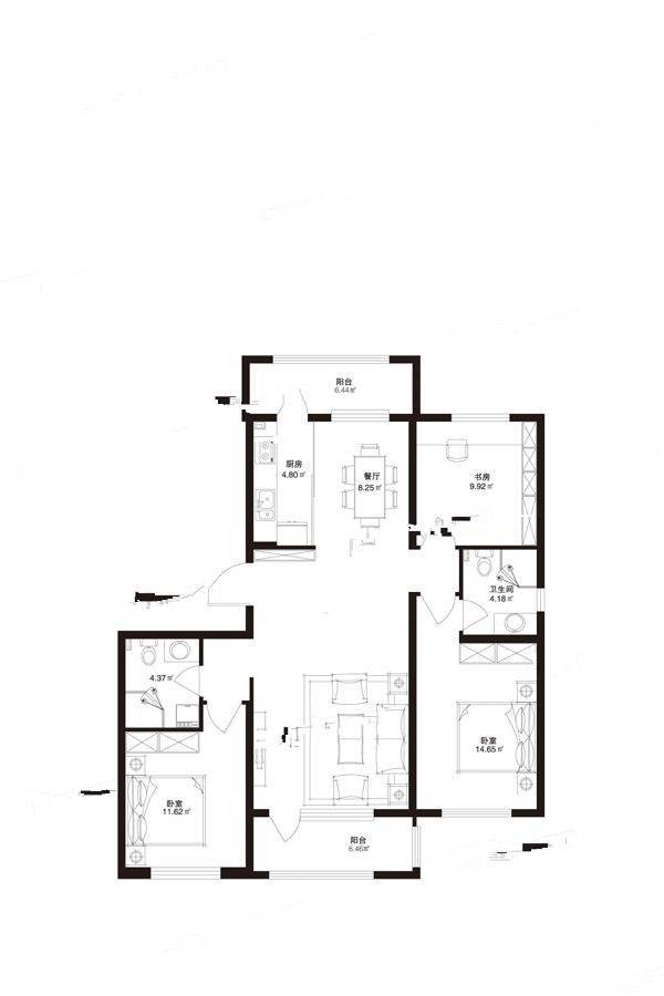 哈西骏赫城3室1厅2卫140㎡户型图