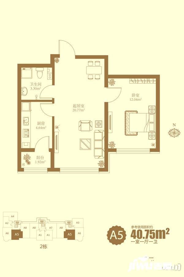 龙跃金水湾1室1厅1卫61.1㎡户型图