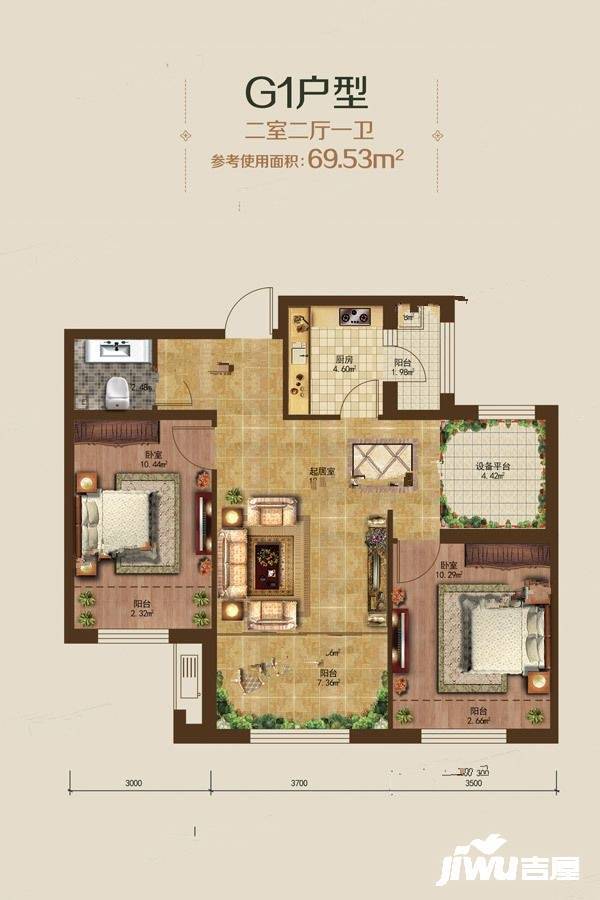 辰能溪树河谷2室2厅1卫91㎡户型图