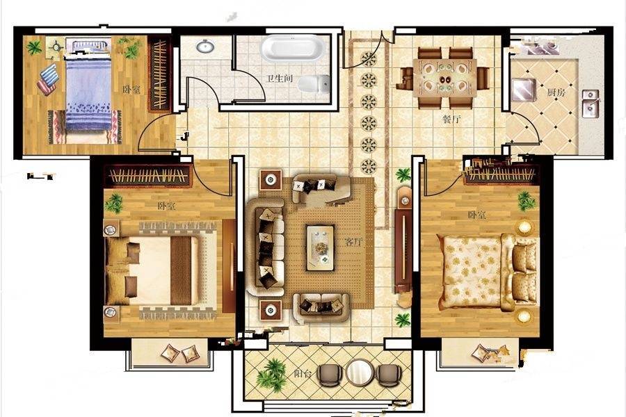 永生紫御华府3室2厅1卫124㎡户型图