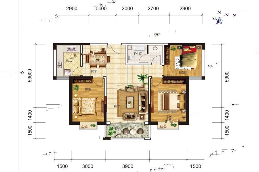 永生紫御华府3室2厅1卫117.5㎡户型图